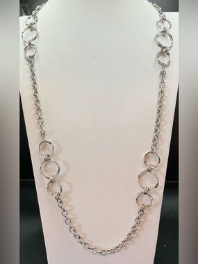 SILVER TONE LONG LINK NECKLACE WITH RHINESTONE BALL ACCENTS